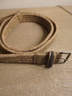 Brunello Cucinelli Monili Belt Natural Raffia Tan Leather Trim Stretch Size S